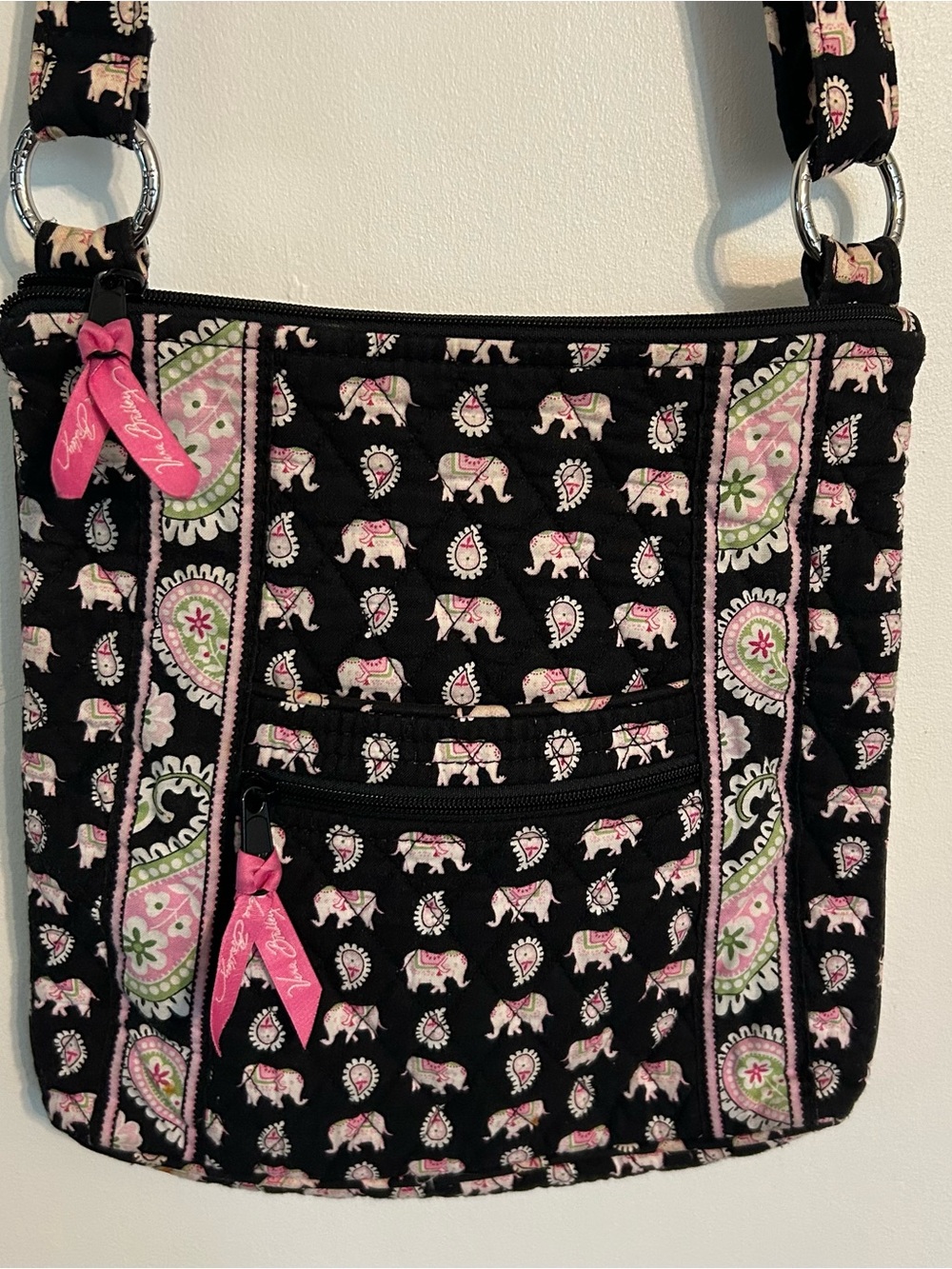 Vera Bradley Black & Pink Elephant Paisley Quilted Crossbody Purse Handbag